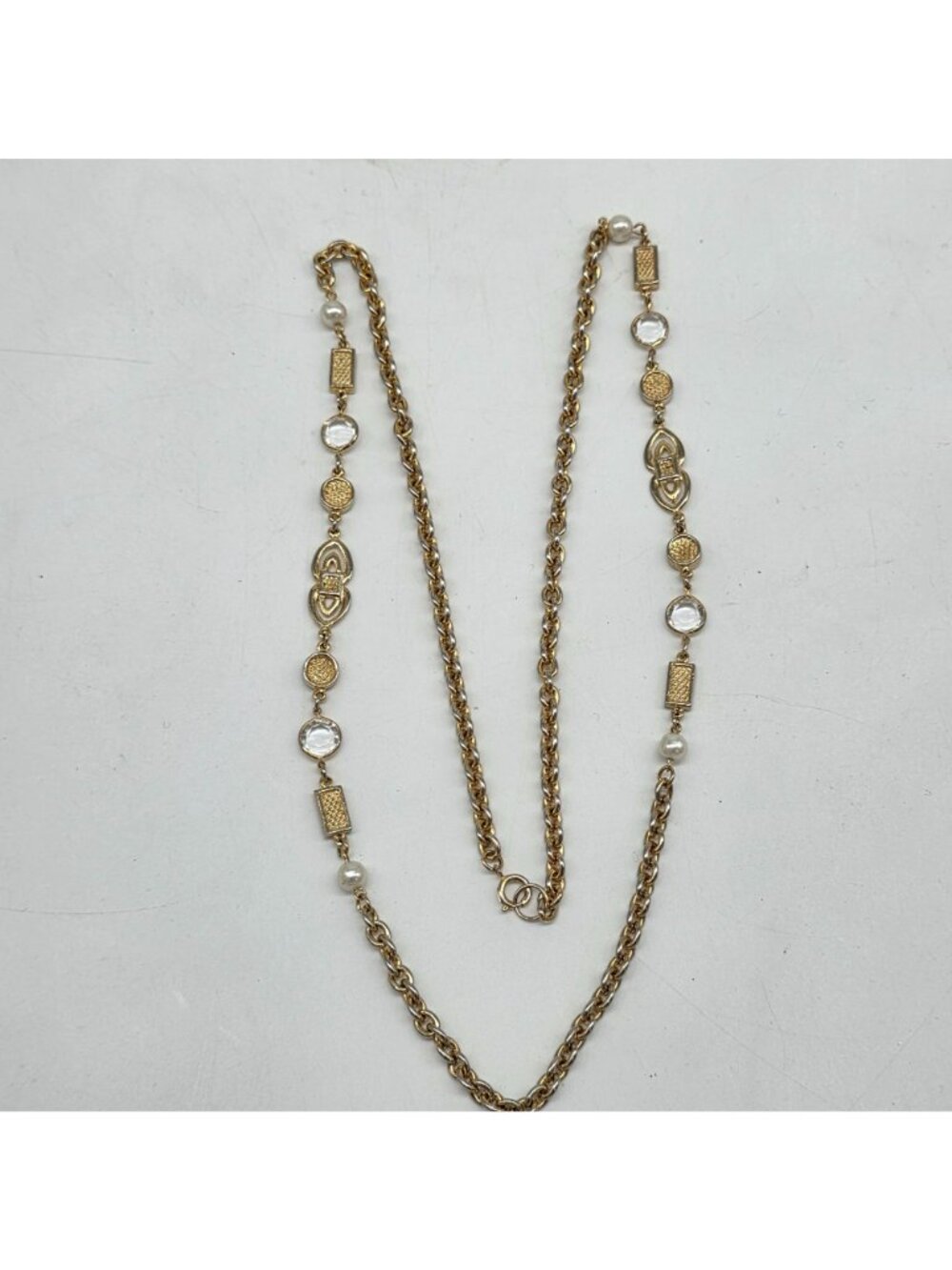 Vintage Gold Tone Fashion Necklace With Pearls & Clear Beads 37" Long - Picture 6 of 8